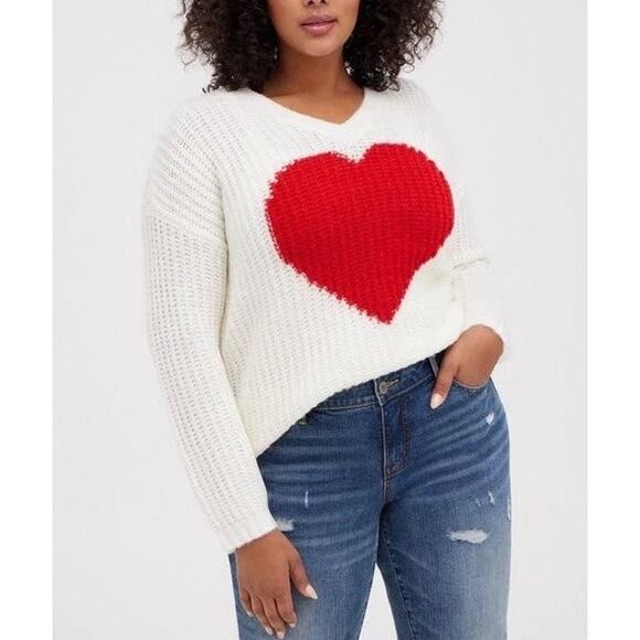 Torrid Chunky Knit Pullover Tunic Sweater Plus Size 3X Ivory Red Heart - Picture 2 of 9